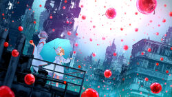 1boy 1girl apple bridge brown_hair building candy_apple city cityscape dress food fox_mask fruit holding holding_food holding_fruit holding_umbrella japanese_clothes long_sleeves mask mask_on_head original outdoors scenery short_hair standing umbrella white_dress wide_sleeves yukoiwase