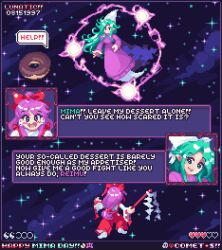 Rule 34 | blue cape, blush, bow, cape, comet summoner98, confrontation, dialogue box, donut, dress, electricity, english text, fake screenshot, food, gameplay mechanics, ghost tail, gohei, green hair, hair ribbon, hakama, hakurei reimu, hat, heads-up display, health bar, heart, japanese clothes, long hair, miko, mima (touhou), open mouth, parted bangs, pixel art, pointy ears, ponytail, purple dress, purple hair, red bow, red hakama, red ribbon, ribbon, score, smile, socks, space, star (sky), story of eastern wonderland, touhou, touhou (pc-98), user interface, white socks, wizard hat, yin yang