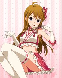 1girl :d ahoge armpits bare_shoulders bell blue_eyes bow breasts brown_hair collarbone concept_maihime_(idolmaster) dot_nose elbow_gloves feet_out_of_frame folded_fan folding_fan frilled_gloves frilled_shirt frilled_skirt frills gloves hair_bell hair_ornament hair_over_shoulder hair_ribbon halter_shirt halterneck hand_fan hip_vent holding holding_fan idolmaster idolmaster_million_live! idolmaster_million_live!_theater_days jingle_bell light_blush long_hair medium_breasts midriff miniskirt navel neck_bell nontraditional_miko official_alternate_costume official_art open_hand open_mouth panties pantyshot parted_bangs pink_background pink_panties pink_ribbon pink_skirt pleated_skirt ribbon ribbon-trimmed_gloves ribbon-trimmed_shirt ribbon-trimmed_thighhighs ribbon_trim shirt side-tie_panties sidelocks sitting skirt sleeveless sleeveless_shirt smile solo star_(symbol) swept_bangs thighhighs tokoro_megumi underwear waist_bow white_gloves white_thighhighs