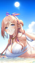 1girl bikini blue_eyes blue_sky blush breasts brown_hair cleavage commentary_request day gakuen_idolmaster hair_bun hairband highres himesaki_rinami idolmaster kimi_to_semi_blue_(idolmaster) large_breasts long_hair lying lying_on_water mikapoe official_alternate_costume on_stomach outdoors single_hair_bun single_side_bun skindentation sky smile solo striped_clothes striped_hairband sun swimsuit white_bikini