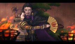 Rule 34 | armor, black hair, brazier, brown hair, cape, ember, facial hair, fire, folding fan, fur collar, goatee, hand fan, japanese clothes, oda nobunaga, sengoku musou, sword, topknot, toyotomi hideyoshi, weapon