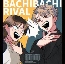 1boy 1girl :d anger_vein angry barcode black_jacket black_necktie black_shirt brown_hair collared_shirt commentary_request curtained_hair english_text faceoff futsuu_no_keion-bu hand_up hatono_chihiro jacket kohaya58938 long_sleeves looking_at_another necktie official_alternate_costume official_alternate_hairstyle open_mouth orange_eyes rivalry shirt short_hair signature smile suit_jacket takami_kouki teeth tsurime two-tone_background upper_body