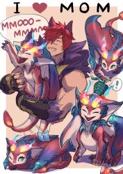 1boy animal_ears brown_background commentary dragon english_commentary english_text highres imone_illust league_of_legends male_focus multiple_views red_hair sett_(league_of_legends) sharp_teeth short_hair simple_background smolder_(league_of_legends) tail tail_wagging teeth western_dragon