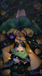 1girl :d ankle_boots black_boots black_hat blouse blue_flower blue_rose boots buttons chinese_commentary commentary_request diamond_button floral_print flower frilled_shirt_collar frilled_sleeves frills full_body green_eyes green_hair green_skirt hat hat_ribbon highres komeiji_koishi long_sleeves looking_at_viewer mibai_yume open_mouth print_skirt ribbon rose rose_print shirt short_hair skirt smile solo third_eye touhou wide_sleeves yellow_flower yellow_ribbon yellow_rose yellow_shirt