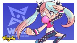 1girl ahoge aqua_eyes aqua_hair belt belted_shorts blowing_bubble_gum blue_background blue_boots blue_pupils blue_shorts boots border chewing_gum child come_at_me_bro commentary copyright_name copyright_notice denim denim_shorts english_commentary english_text eyelashes eyepatch fighting_stance flat_chest grin gungho knee_boots lace-up_boots light_blush logo long_hair lucy_(ninjala) medical_eyepatch mismatched_eyebrows multicolored_hair ninjala nose official_art one_eye_covered outline pantyhose parted_bangs pink_belt pink_hair pink_shirt print_shirt purple_outline rianti-wong second-party_source shirt shoe_soles shoes shorts shuriken simple_background single_bare_arm single_fishnet_armwear single_fishnet_legwear single_leg_pantyhose single_sleeve skinny sleeveless sleeveless_shirt smile solo spiked_hair_ornament star_(symbol) star_print teeth torn_clothes torn_shorts twintails two-tone_hair two-tone_shirt very_long_hair weapon white_border white_pantyhose white_shirt white_sleeves wrestling_boots