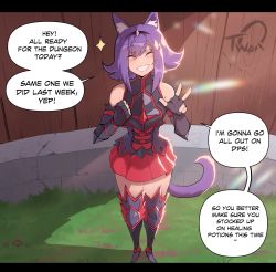 Rule 34 | 1girl, :d, animal ears, armor, breastplate, cat ears, cat tail, closed eyes, elbow gloves, english text, facing viewer, female focus, final fantasy, final fantasy xiv, fingerless gloves, gloves, grin, hairband, highres, letterboxed, medium hair, miniskirt, miqo&#039;te, nyantcha, open mouth, pauldrons, pleated skirt, purple hair, red skirt, shoulder armor, signature, skirt, smile, solo, speech bubble, standing, tail, w, warrior of light (ff14)