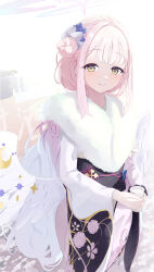 1girl absurdres angel_wings blue_archive blue_flower blush closed_mouth cup feathered_wings floral_print floral_print_kimono flower fur_trim hair_between_eyes hair_bun hair_ornament hair_scrunchie highres holding holding_cup japanese_clothes kimono la_la_la_rarmin long_hair looking_at_viewer mika_(blue_archive) obi pink_hair print_kimono purple_sash purple_scrunchie sash scrunchie sidelocks smile white_kimono white_scrunchie wing_ornament wings wrist_scrunchie yellow_eyes