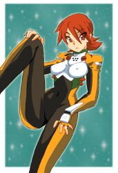 Rule 34 | 1girl, bodysuit, border, breasts, chidou hitomi, covered erect nipples, covered navel, dangaiou, frown, great dangaioh, looking at viewer, medium breasts, onnaski, red eyes, red hair, retro artstyle, science fiction, short hair, simple background, solo, white border