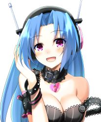1girl 5pb_(neptunia) bare_shoulders black_dress blue_hair blush breasts cleavage collar collarbone commentary doria_(p_f_dolia) dress english_commentary female_focus hair_intakes hand_in_own_hair headphones heart heart_necklace highres jewelry long_hair looking_at_viewer medium_breasts necklace neptune_(series) open_mouth portrait purple_eyes simple_background sleeveless sleeveless_dress solo white_background wristband