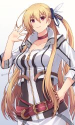 1girl alisa_reinford blonde_hair breasts choker cropped_jacket double-parted_bangs earrings eiyuu_densetsu hair_between_eyes hand_on_own_hip highres jewelry large_breasts long_hair looking_at_viewer red_eyes rerecoro sen_no_kiseki sen_no_kiseki_(series) sen_no_kiseki_i sen_no_kiseki_iii short_sleeves side_ponytail sidelocks simple_background solo twitter_username upper_body waving white_background