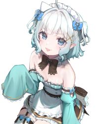 1girl ahoge bare_shoulders black_bow black_bowtie blue_bow blue_eyes bow bowtie breasts cauli character_name closed_mouth collarbone detached_collar detached_sleeves dress green_dress green_hair hair_bow hair_intakes hair_ornament heart heart_in_eye indie_virtual_youtuber long_sleeves looking_at_viewer maid_headdress medium_hair mint_fantome mint_fantome_(minto_2.0) pointy_ears sidelocks single_thighhigh sitting sleeves_past_fingers sleeves_past_wrists small_breasts solo symbol_in_eye thigh_strap thighhighs tongue tongue_out transparent_background two_side_up virtual_youtuber white_hair white_thighhighs x_hair_ornament