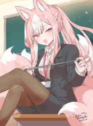 1girl :d animal_ear_fluff animal_ears black_jacket black_skirt breasts brown_pantyhose center_frills collared_shirt commentary_request crossed_legs dated dress_shirt fang feet_out_of_frame fox_ears fox_girl fox_tail frills highres holding holding_pointer indoors jacket kamiyoshi_rika kitsune lanyard long_hair long_sleeves medium_breasts multicolored_hair nail_polish okitsune-sama_(kamiyoshi_rika) open_mouth original pantyhose pencil_skirt pink_hair pink_nails pointer red_eyes shirt signature sitting skirt smile solo tail two-tone_hair very_long_hair white_hair white_shirt