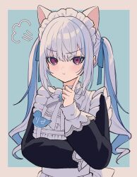 1girl angry animal_ears blue_hair blue_ribbon cat_ears frills hair_ribbon haruwo highres lize_helesta long_hair looking_at_viewer maid_headdress multicolored_hair nijisanji pink_eyes ribbon simple_background solo twintails two-tone_hair upper_body virtual_youtuber white_hair