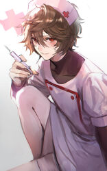 1boy blush brown_hair buttons closed_mouth covered_collarbone crossdressing double-breasted doushite dress eyelashes feet_out_of_frame granblue_fantasy grey_background hair_between_eyes hat highres holding holding_syringe knee_up male_focus nurse nurse_cap pantyhose red_eyes sandalphon_(granblue_fantasy) short_hair short_sleeves sitting smile sweatdrop syringe trap undershirt white_dress white_pantyhose