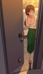 1girl blush bra bra_strap breasts brown_hair commentary door_lock doorway english_commentary green_skirt highres large_breasts long_hair nipples open_door original ponytail pov_doorway red_machine sandals scoop_neck shirt shirt_tug sideways_glance skirt smile solo sweat underwear white_bra white_shirt
