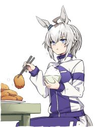 1girl :t ahoge animal_ears blue_jacket blue_pants bowl chopsticks ear_ornament eating food hair_up highres holding holding_bowl holding_chopsticks holding_food horse_ears horse_girl horse_tail jacket kasamatsu_tracen_training_uniform long_sleeves medium_hair motion_lines oguri_cap_(umamusume) pants pikkard_(user_dvjw5784) plate ponytail rice sitting solo table tail track_jacket track_pants umamusume umamusume:_cinderella_gray white_background