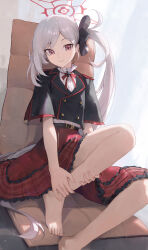 Rule 34 | 1girl, absurdres, barefoot, black jacket, blue archive, blush, closed mouth, commentary, cropped jacket, feet, foot out of frame, grey hair, halo, high-waist skirt, highres, holding own leg, jacket, jianjia, knee up, long hair, looking at viewer, miniskirt, mutsuki (blue archive), purple eyes, red halo, red skirt, short sleeves, side ponytail, sitting, skirt, solo, toes, very long hair