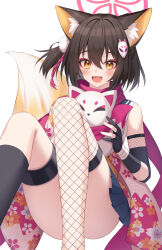 1girl animal_ears bandaged_wrist bandages black_gloves black_socks blue_archive blush brown_hair doll fang fishnet_thighhighs fishnets floral_print floral_print_kimono fox_ears fox_girl fox_mask fox_tail fuka_kurotsuji gloves hair_between_eyes hair_ornament highres holding holding_doll izuna_(blue_archive) japanese_clothes kimono long_hair looking_at_viewer mask one_side_up open_mouth partially_fingerless_gloves pink_kimono pink_scarf pom_pom_(clothes) pom_pom_hair_ornament print_kimono scarf shirt sidelocks single_sock single_thighhigh skin_fang socks solo stuffed_animal stuffed_toy tail thigh_strap thighhighs white_shirt yellow_eyes