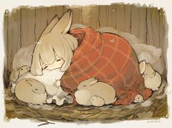 1girl animal animal_ears blanket blush brown_hair closed_eyes commentary_request hay highres hug lying original pillow rabbit rabbit_ears rabbit_girl rabbit_tail sakutake_(ue3sayu) signature sleeping tail
