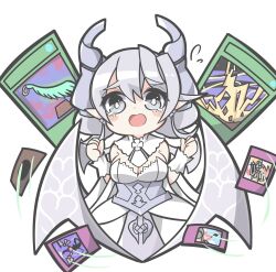 1girl bare_shoulders blush_stickers chibi clenched_hands commentary_request compulsory_evacuation_device cowboy_shot demon_girl demon_horns demon_wings detached_collar dogmatika_punishment dress drill_hair duel_monster earrings grey_eyes grey_hair harpie&#039;s_feather_duster highres horns infinite_impermanence jewelry lightning_storm_(yu-gi-oh!) lovely_labrynth_of_the_silver_castle oquri pointy_ears simple_background solo strapless strapless_dress tears trading_card twin_drills white_background white_dress wings yu-gi-oh!