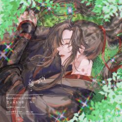 1boy ahoge artist_name bishounen bite_mark black_hair black_hanfu brown_hair chinese_clothes closed_eyes commentary dated eyelashes from_above grass hair_ribbon hanfu hickey high_ponytail highres implied_yaoi leaf long_hair long_sleeves lying male_focus modao_zushi ojisan_rbt on_side open_mouth outdoors parted_lips plant ponytail profile red_ribbon ribbon robe sidelocks sleeping sleeves_past_wrists solo sparkle sunlight twitter_username upper_body watermark wei_wuxian wide_sleeves