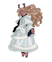 1girl animal_ears antlers blonde_hair buck_teeth closed_mouth coat commentary deer_antlers deer_ears deer_girl deltarune empty_eyes english_commentary floating floating_hair freckles furry furry_female highres hooves horns long_hair long_sleeves mourninglamby_(mimi) no_pupils noelle_holiday noelle_holiday_(dark_world) reindeer_girl robe solo teeth thick_eyebrows weird_route_(deltarune) white_background white_eyes white_robe