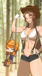 4girls :3 =_= animated blush breasts brown_hair chibi cleavage closed_eyes cowboy_hat cutoff_jeans cutoffs dc_(makezzal) dutch_girl_(last_origin) grin hard_hat hat helmet jealous large_breasts last_origin long_hair lumberjane_(last_origin) midriff mighty_r multiple_girls navel orange_hair scathy short_shorts shorts smile swing swinging tears ugoira video
