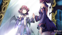 Rule 34 | 1girl, demon girl, demon horns, demon tail, demon wings, detached sleeves, gal guardians, gal gun (series), game screenshot, horns, kurona (galgun), mirror, navel, official art, red eyes, red hair, reflection, short hair, skirt, skull, solo, tail, wings