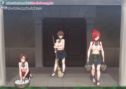 Rule 34 | 3girls, barefoot, breasts, broom, brown eyes, brown hair, bucket, collar, crossover, cuffs, erza scarlet, fairy tail, female focus, full body, green eyes, grey eyes, hair bun, kneeling, large breasts, mikado ryouko, multiple girls, nipples, red hair, ruby rose, rwby, shackles, short hair, slave, slave clothes, standing, the dark mangaka, to love-ru, walking, washing