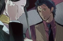 1boy 1girl ace_attorney amikoiiko beard binder black_hair black_jacket black_necktie black_vest blush brown_hair brown_vest chinstrap_beard closed_mouth collared_shirt commentary dark-skinned_male dark_skin diego_armando dress_shirt ear_piercing earrings english_commentary facial_hair fingernails gradient_background grey_background hand_on_own_ear highres holding holding_binder jacket jewelry light_smile long_hair long_sleeves looking_at_another mia_fey necktie phoenix_wright:_ace_attorney_-_trials_and_tribulations piercing portrait rain red_eyes red_shirt red_umbrella ribbed_vest scarf shared_umbrella shirt short_hair simple_background single_earring sternocleidomastoid_muscle suit_jacket two-tone_vest umbrella vest waistcoat white_background white_shirt yellow_scarf