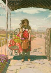 1girl absurdres basket blue_sky bow brown_hair brown_shoes building buttons canopy_(shelter) collared_shirt commentary day dress fence field floral_print flower food footwear_bow full_body gate grass green_eyes highres holding holding_basket lace lace-trimmed_dress lace_trim landscape long_hair looking_at_viewer mountain mountainous_horizon original outdoors path purple_flower red_dress road scenery shirt shoes sky smile solo standing stepping_stones symbol-only_commentary tamomoko vegetable yellow_shirt