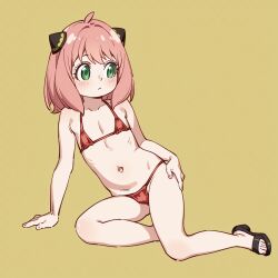 1girl age_difference anya_(spy_x_family) artist_request bikini blush feet female_focus flat_chest green_eyes hairpods highres legs loli looking_at_another medium_hair micro_bikini navel pink_hair solo spy_x_family stomach swimsuit thighs toes yellow_background
