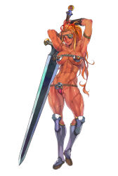 1girl abs armor armpits bikini_armor blush body_blush boots breasts cameltoe cleavage collarbone cowboy_shot eyepatch f.s. female_focus gluteal_fold grin highres large_breasts long_hair muscular muscular_female nose_blush orange_hair original red_eyes scar smile solo sword tan thong toned weapon