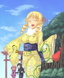 10s 3girls akemi_homura bag black_hair blonde_hair breasts closed_eyes dragon flower hair_flower hair_ornament impossible_clothes japanese_clothes ka-9 kaname_madoka kimono large_breasts magical_girl mahou_shoujo_madoka_magica mahou_shoujo_madoka_magica_(anime) multiple_girls obi open_mouth pink_hair sash smile tomoe_mami tomoe_mami_(magical_girl) torii tree