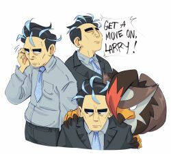 1boy black_eyes black_hair black_jacket black_pants blue_necktie breast_pocket closed_mouth collared_shirt commentary english_text gen_4_pokemon grey_shirt hand_up highres jacket larry_(pokemon) lynn_(daisiloou) male_focus multiple_views necktie nintendo pants pocket pokemon pokemon_(creature) pokemon_on_back pokemon_sv shirt short_hair staraptor white_background
