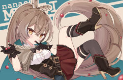 1girl ahoge ankle_boots belt berry boots brown_capelet brown_cloak brown_corset brown_eyes brown_hair cape capelet character_name cleavage_cutout cloak clothing_cutout corset feather_hair_ornament feathers food_in_mouth from_side hair_ornament hairclip highres hololive hololive_english kneehighs legs_up long_hair looking_at_viewer multicolored_hair nanashi_mumei nanashi_mumei_(1st_costume) pleated_skirt ponytail red_skirt ribbon roa_(roaru) shirt single_kneehigh single_sock single_thighhigh skirt socks streaked_hair thighhighs two-tone_background very_long_hair virtual_youtuber white_shirt