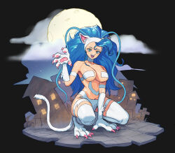 1girl animal_ears animal_hands blue_hair breasts cat_ears cat_tail cross darkstalkers felicia_(darkstalkers) green_eyes house large_breasts long_hair matheus_felipe moon night night_sky sky star_(sky) starry_sky tail teeth upper_teeth_only very_long_hair white_fur