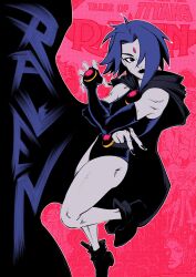 1girl absurdres amulet black_boots black_leotard black_nails boots breasts cape character_name cloak colored_skin dc_comics elbow_gloves english_text forehead_jewel gloves grey_skin haru_ch1 highres leotard medium_breasts purple_cape purple_cloak purple_eyes purple_hair purple_lips raven_(dc) short_hair sleeved_leotard thighs western_comics_(style)