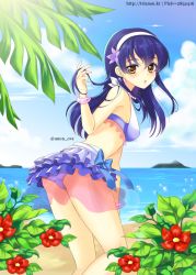 1girl bad_id bad_pixiv_id beach bikini bikini_skirt blue_bikini blue_hair blue_ribbon blush bracelet cloud commentary_request day female_focus flower frilled_bikini frilled_bikini_top frilled_swimsuit frills from_behind gradient_clothes hair_between_eyes hair_flower hair_ornament hairband hibiscus jewelry long_hair looking_at_viewer love_live! love_live!_school_idol_project natsuiro_egao_de_1_2_jump! necklace ocean open_mouth outdoors ribbon see-through_clothes sky solo sonoda_umi swimsuit trianon twirling_hair twitter_username water yellow_eyes