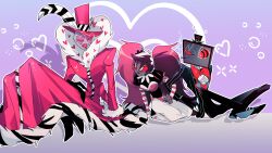 1girl 2boys ama0805 blood coat colored_skin demon_boy dress fur-trimmed_coat fur_trim hazbin_hotel heart heart-shaped_eyewear highres multiple_boys pink_coat pink_dress purple_skin red_eyes sharp_teeth teeth twintails valentino_(hazbin_hotel) velvette_(hazbin_hotel) vox_(hazbin_hotel)