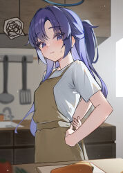 1girl alternate_costume apron blue_archive blue_eyes blue_hair blurry blush brown_apron carrot commentary_request depth_of_field halo highres huyu_same indoors kitchen ladder long_hair looking_at_viewer mechanical_halo shirt short_sleeves solo spoken_squiggle squiggle sweatdrop tying_apron white_shirt yuuka_(blue_archive)
