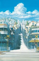absurdres blue_sky city cloud cumulonimbus_cloud day fence highres hill no_humans official_art outdoors overhead_line painting_(medium) railroad_crossing road sky third-party_source toki_wo_kakeru_shoujo traditional_media urban yamamoto_nizo