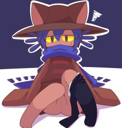 1girl animal_ear_headwear animal_ears black_pantyhose blue_background blue_hair blue_scarf cat_girl cleft_of_venus colored_sclera crepix fake_animal_ears furry furry_female genderswap genderswap_(mtf) hair_between_eyes hat long_sleeves niko_(oneshot) oneshot_(game) outline panties panties_around_leg pantyhose pantyhose_around_one_leg pussy scarf scarf_over_mouth sitting sleeves_past_wrists solo squiggle uncensored underwear white_outline yellow_sclera