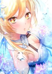1girl bare_shoulders blonde_hair blush breasts detached_sleeves dress flower genshin_impact hair_between_eyes hair_flower hair_ornament highres large_breasts lips long_sleeves looking_at_viewer lumine_(genshin_impact) purple_flower rio short_hair short_hair_with_long_locks sidelocks solo sparkle standing teeth water_drop white_dress white_flower yellow_eyes