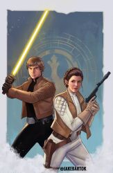 1boy 1girl artist_name belt black_gloves black_pants black_shirt blonde_hair blue_eyes brother_and_sister brown_belt brown_eyes brown_gloves brown_hair brown_jacket brown_vest energy_sword gloves gun handgun highres holding holding_gun holding_sword holding_weapon holster jacket jr_bartok lightsaber luke_skywalker open_clothes open_jacket open_vest pants princess_leia shirt short_hair siblings star_wars sword thigh_holster vest weapon white_jacket white_pants yellow_lightsaber