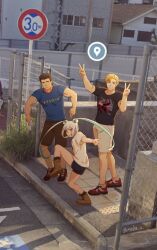 Rule 34 | 1girl, 2boys, ao isami, black hair, black shirt, black shorts, blonde hair, blue shirt, double bun, double v, google street view, hair bun, high school girls posing for google street view (meme), highres, leg up, lewis smith, long hair, lulu (bang bravern), map pin, meme, moba z, multiple boys, photo background, red eyes, shirt, shoes, short hair, short shorts, shorts, sneakers, twitter username, v, very long hair, white hair, white shorts, yuuki bakuhatsu bang bravern