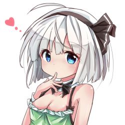 1girl ahoge alternate_costume bare_arms bare_shoulders blue_eyes blush bob_cut body_blush bow bowtie breasts camisole casual cleavage contemporary detached_collar female_focus finger_to_mouth hairband heart highres konpaku_youmu looking_at_viewer low-cut ryogo short_hair small_breasts solo tareme touhou white_hair wrist_cuffs