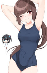 2girls absurdres bare_arms bare_shoulders black_hair brown_hair chibi hair_ornament hairpin highres holding holding_towel isocha long_hair looking_at_viewer medium_hair multiple_girls new_school_swimsuit original ponytail school_swimsuit side_ponytail simple_background swimsuit thighs towel white_background