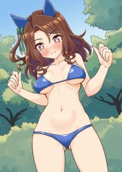 1girl animal_ears bikini blue_bikini brown_hair commentary_request commission ear_covers ganimede horse_ears horse_girl king_halo_(umamusume) outdoors red_eyes skeb_commission solo swimsuit umamusume