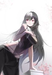 Rule 34 | absurdres, ahoge, artist request, bare shoulders, belly chain, black hair, black pants, breasts, cherry blossoms, codename rose, contrapposto, floral print, hand on breasts, highleg, highleg leotard, highres, jewelry, large breasts, leaning on object, leotard, long hair, looking to the side, multicolored hair, narrow waist, navel, pants, red eyes, simple background, sleeveless, split-color hair, two-tone hair, waktaverse, white background, white hair, wide hips
